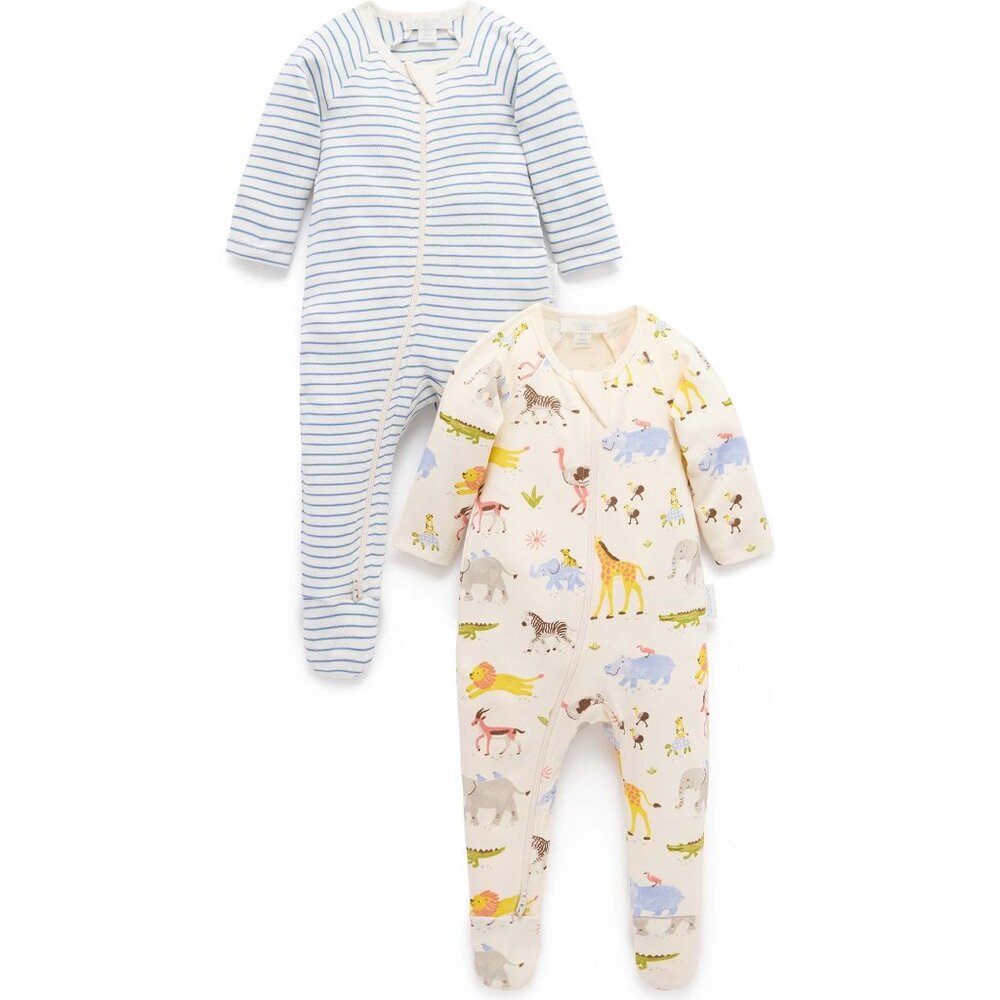 Purebaby 2 Pack Printed Zip Footie Migrating Animals Print Footie Pajamas